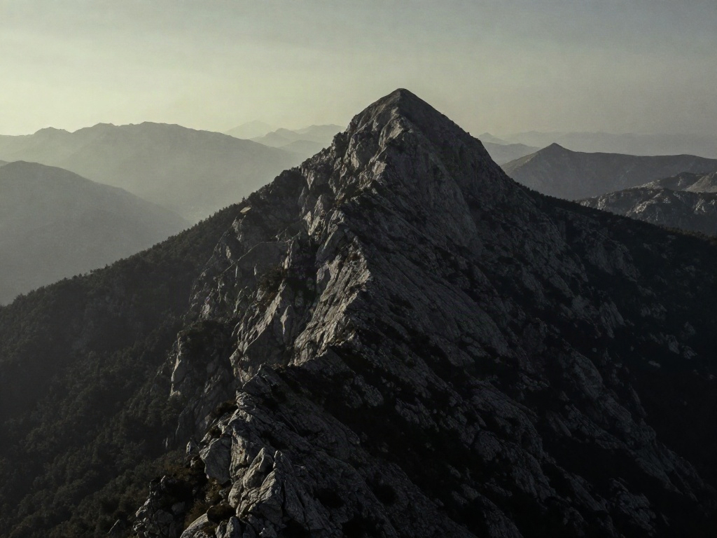 A dramatic mountain ridge rising above mist-filled valleys in a muted alpine landscape