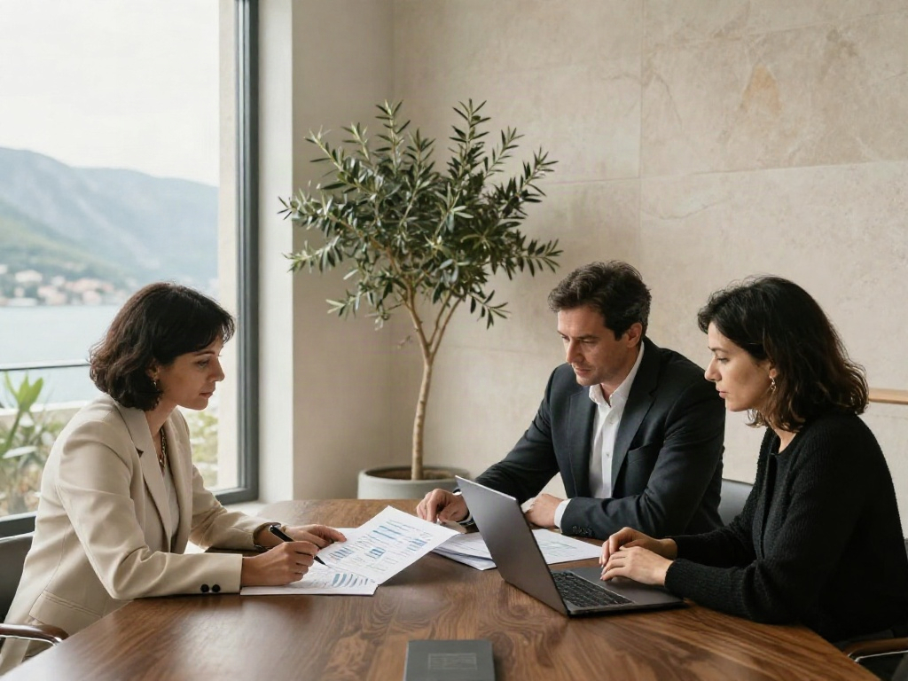 Consultants collaborating around a table to review business performance charts